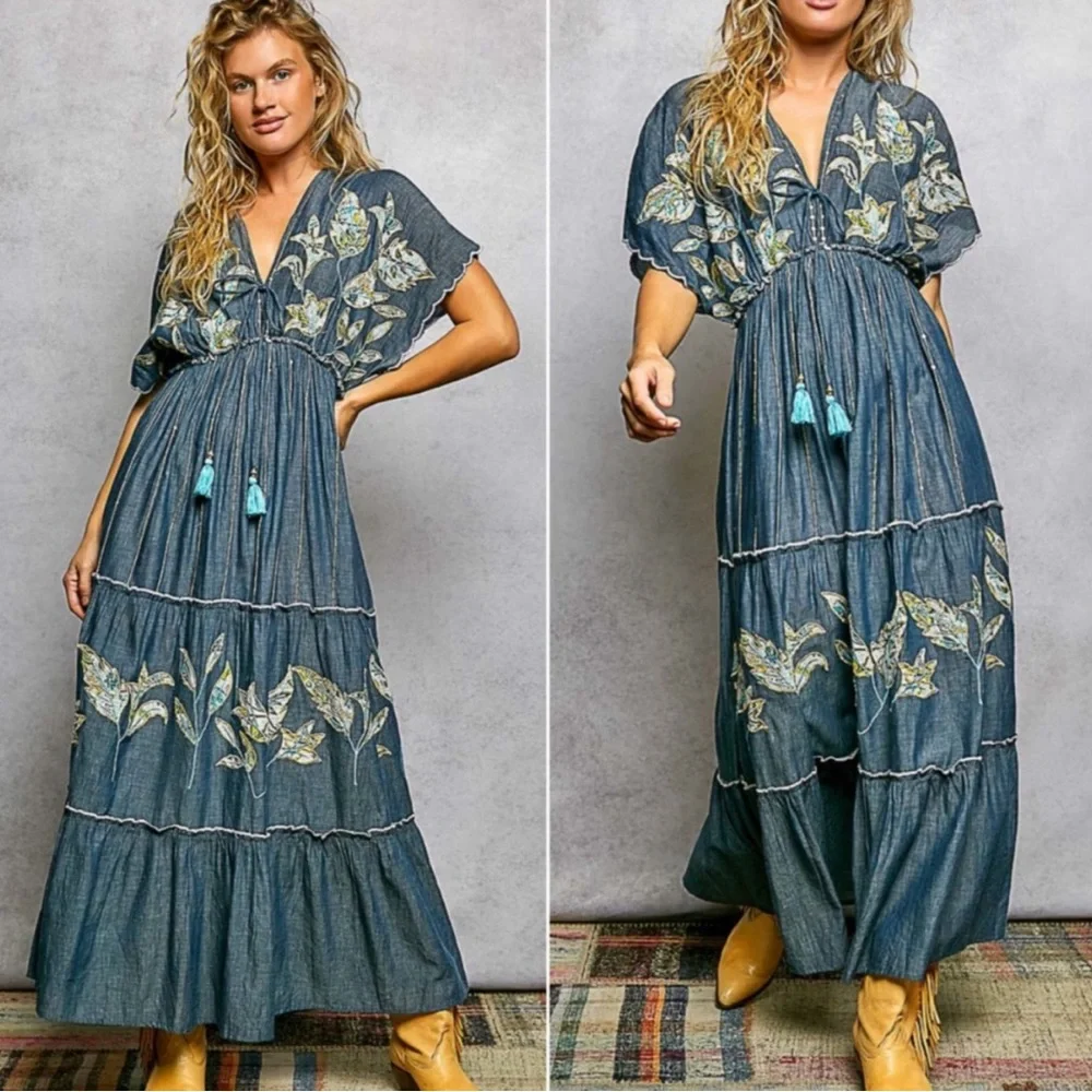 POL Blue Oversized Cotton Embroidered V Neck Maxi Dress w/Gold Detail! - Picture 3 of 7